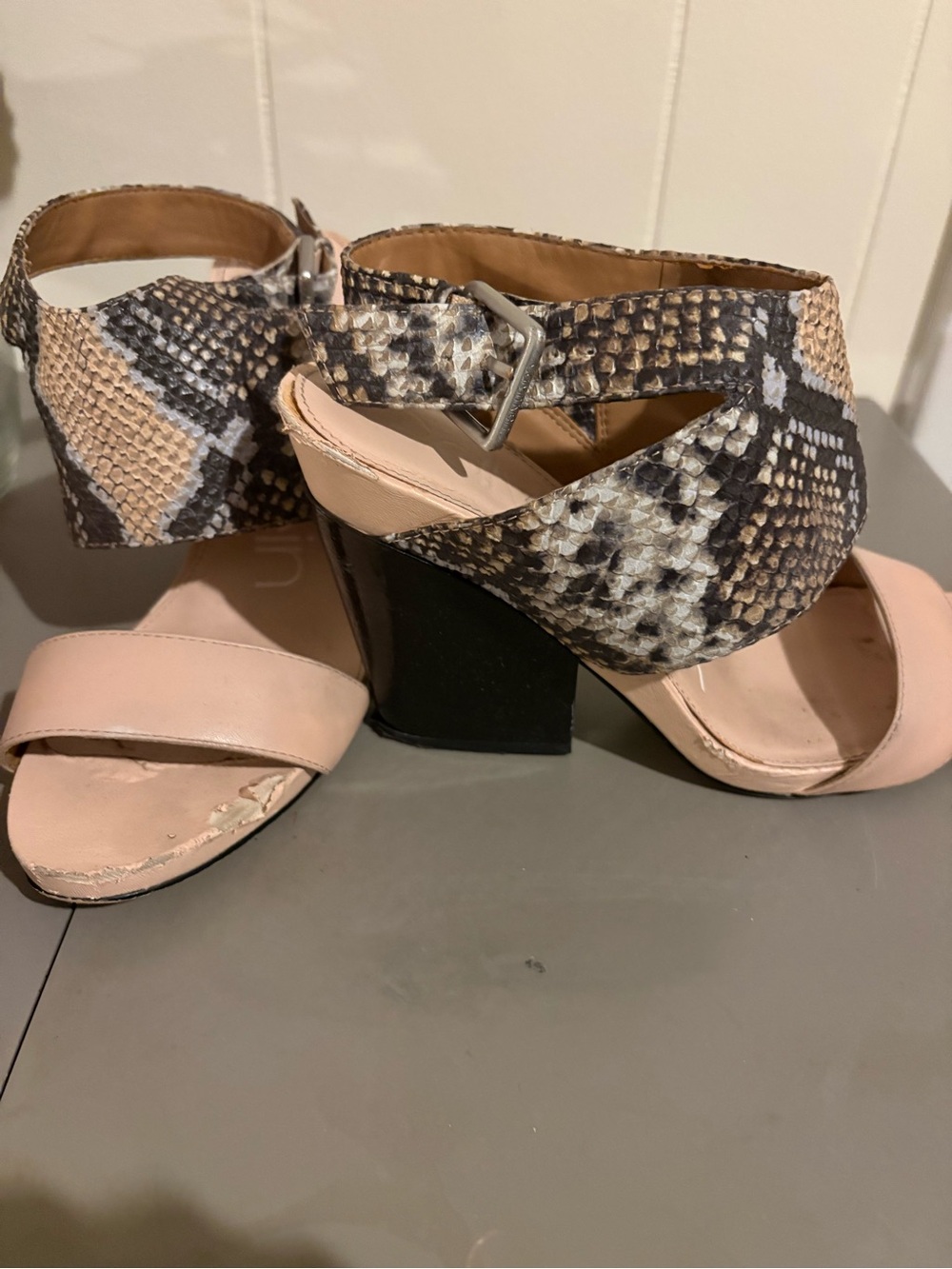 Calvin Klein Ankle Strap Sandals in Beige with Snakeskin Accent